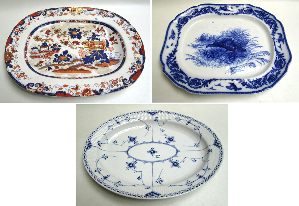 Appraisal: THREE CERAMIC MEAT PLATTERS Royal Copenhagen Blue Fluted Half Lace