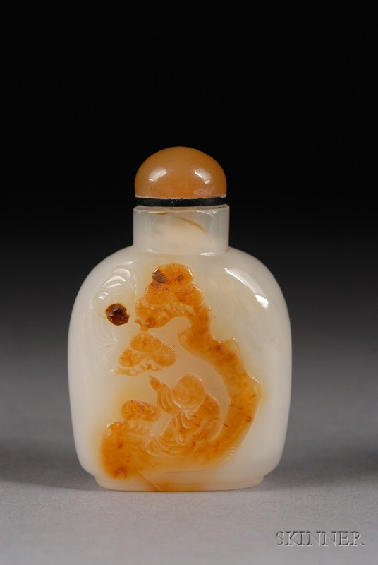 Appraisal: Shadow Agate Snuff Bottle th century relief carving of a