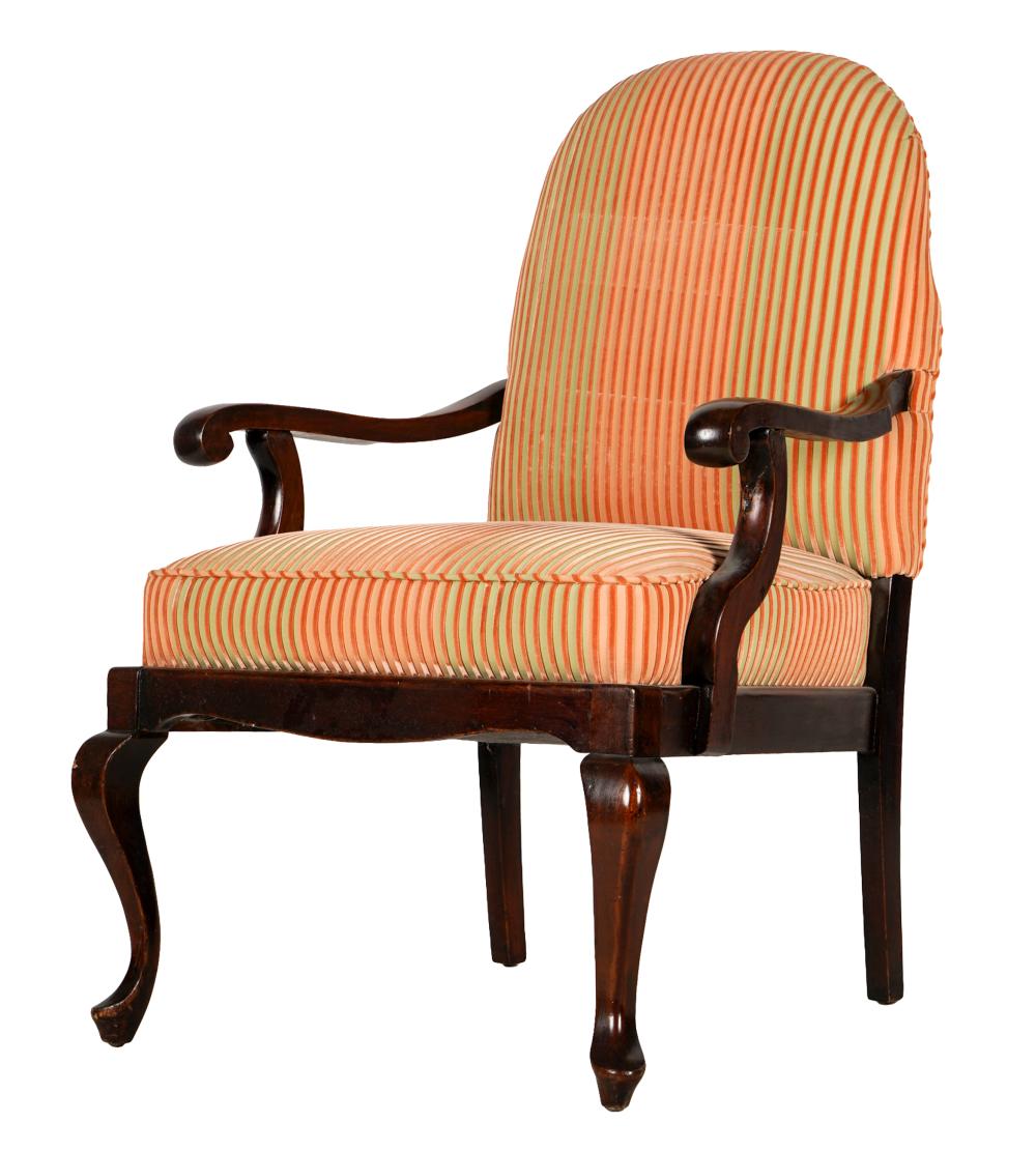 Appraisal: ENGLISH STYLE MAHOGANY ARMCHAIRcovered with Lee Jofa Grand Velvet Stripe