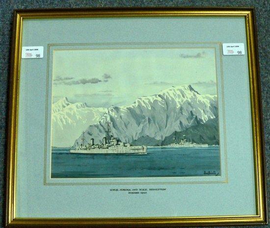 Appraisal: Derek G M GardnerHMS Aurora and HMS Resolution Norway signedwatercolour