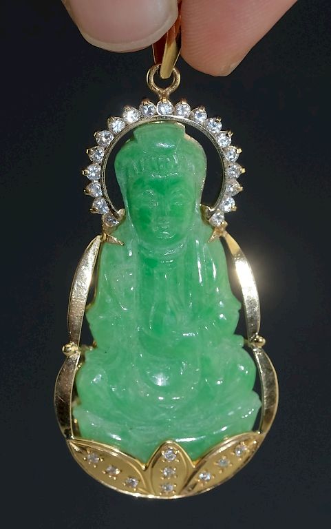 Appraisal: Chinese Export Green Jade Buddha k Gold Pendant Chinese Export