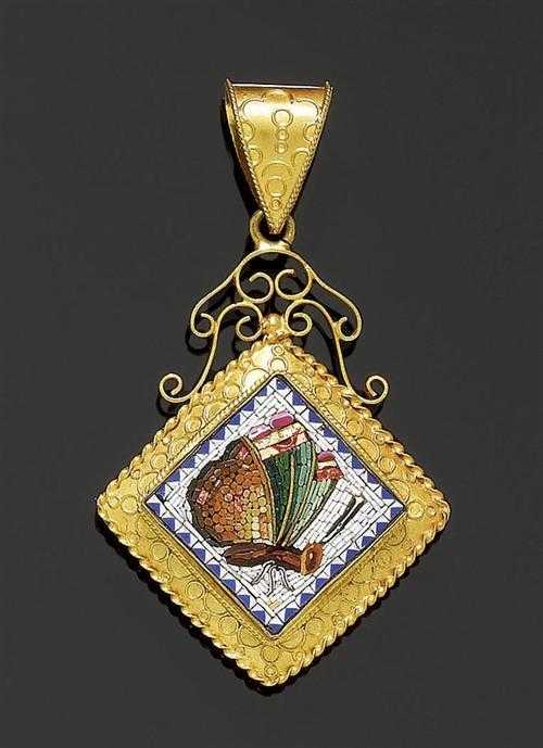 Appraisal: GOLD MOSAIC MEDALLION PENDANT ca Yellow gold Attractive lozenge-shaped pendant