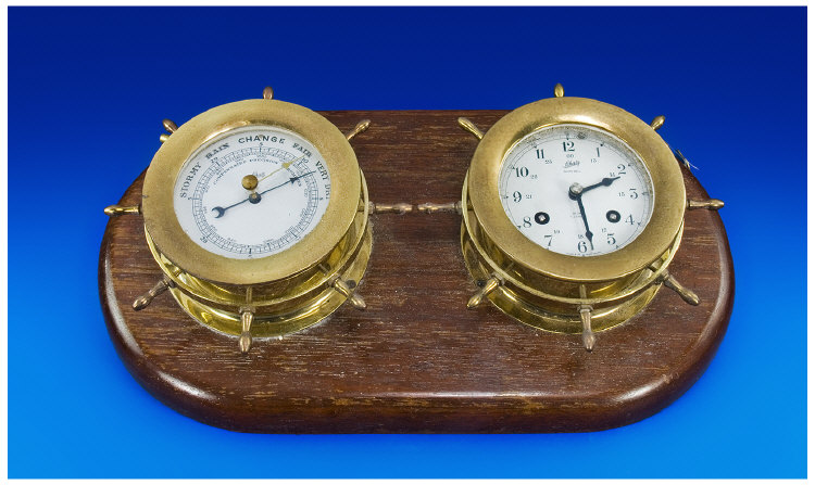 Appraisal: Schatz Brass Ships Bell Barometer And Clock Mounted On An