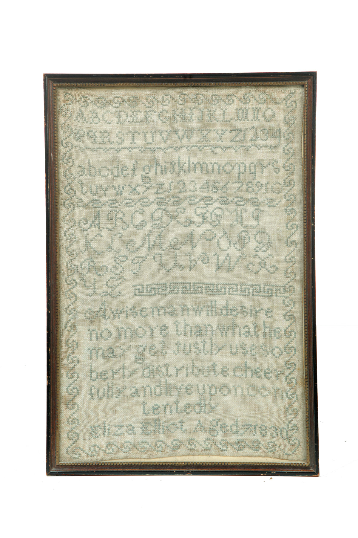 Appraisal: FRAMED SAMPLER Dated Linen with silk Eliza Elliot aged seven