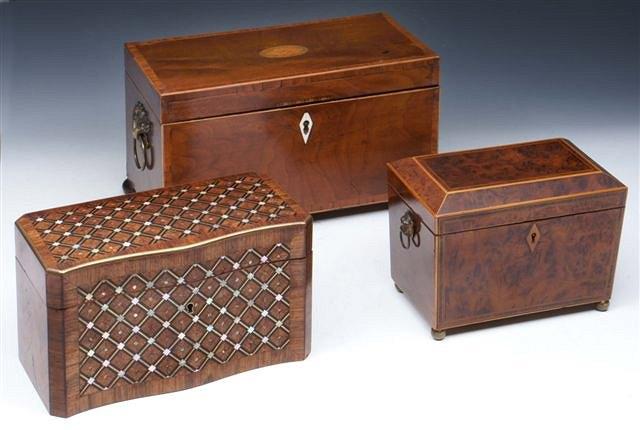 Appraisal: A GEORGE III RECTANGULAR MAHOGANY AND SATINWOOD BANDED TEA CADDY