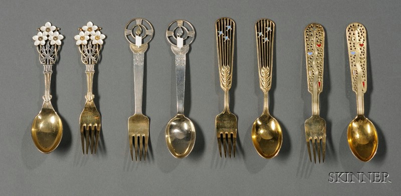 Appraisal: Four Danish Gold-washed Sterling and Enamel Decorated Christmas Fork and