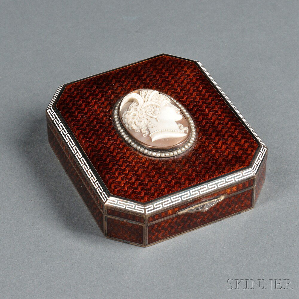 Appraisal: Austrian Silver Guilloche Enamel and Cameo-mounted Box Vienna - maker's