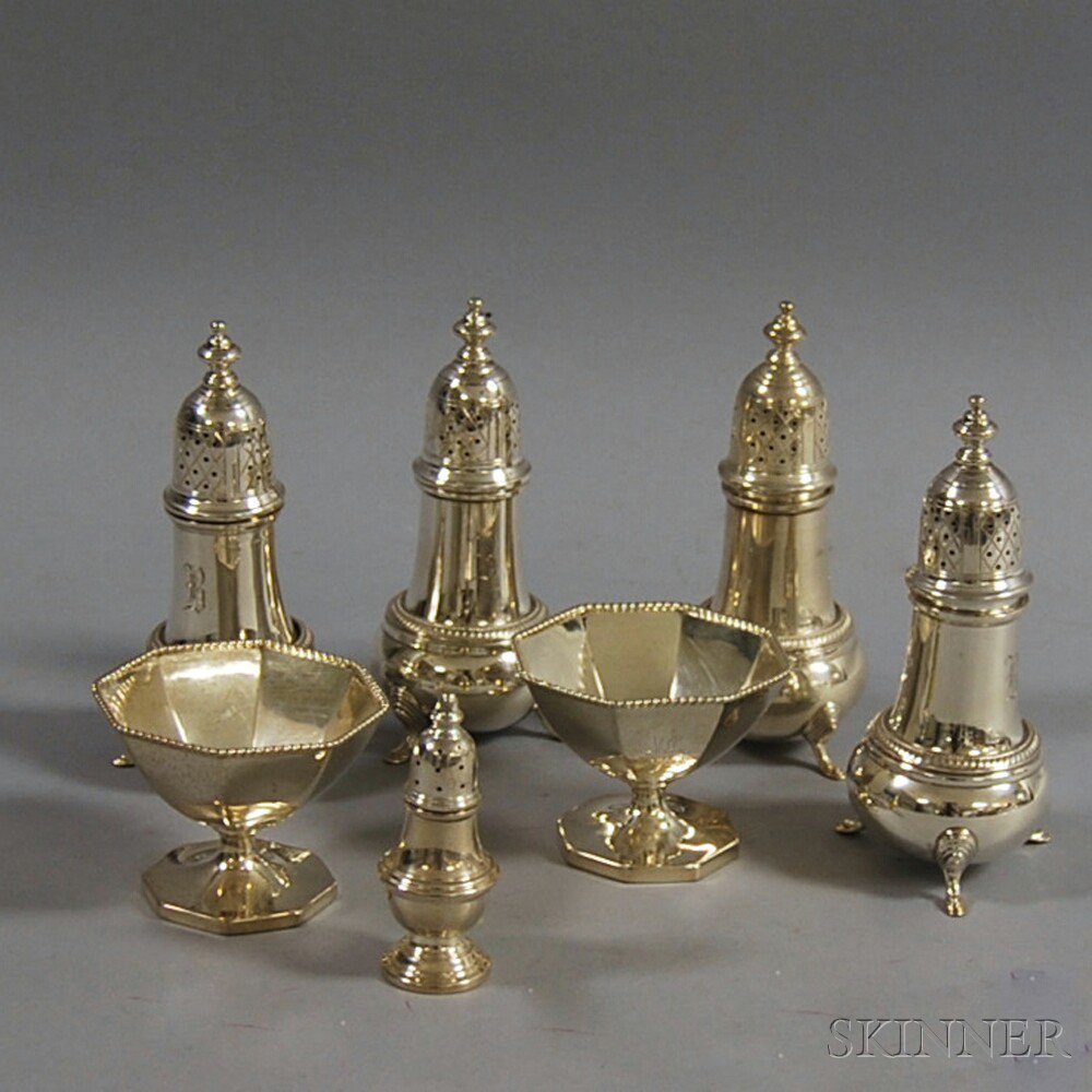 Appraisal: Seven Sterling Silver Salt Shakers and Cellars a set of