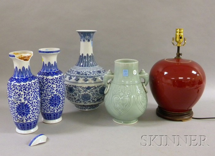 Appraisal: Three Asian Blue and White Vases a Celadon Vase and