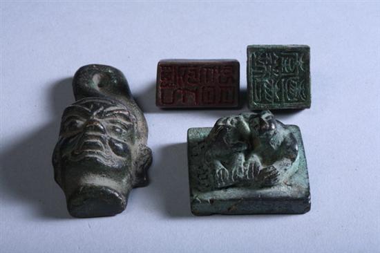 Appraisal: FOUR CHINESE BRONZE SEALS AND AMULET - Of various sizes