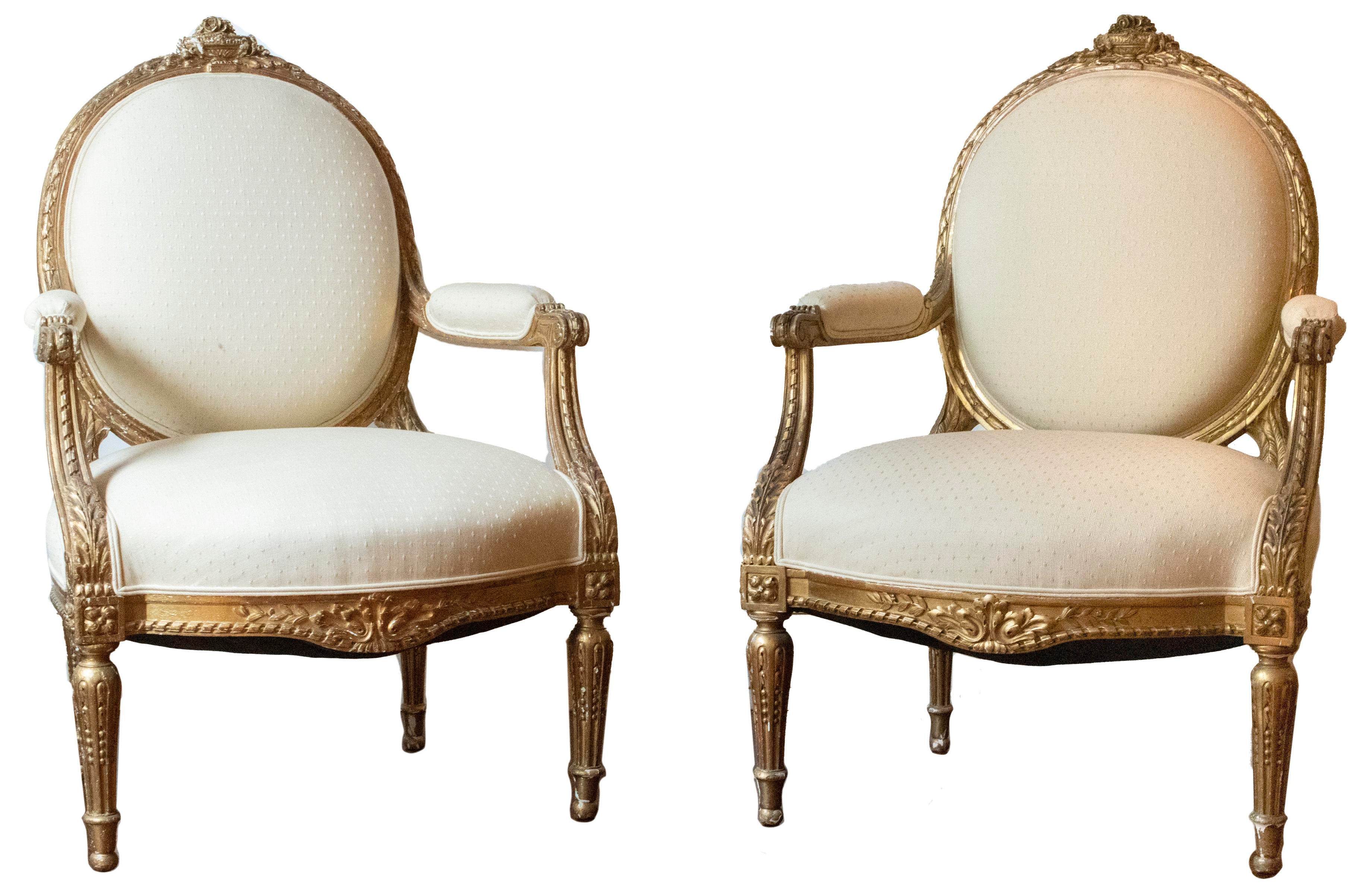 Appraisal: FRENCH LOUIS XVI STYLE GILTWOOD FAUTEUILS PAIR Pair of Louis