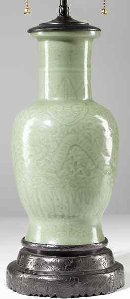 Appraisal: Chinese Celadon Porcelain Vaseconverted to a table lamp tall neck