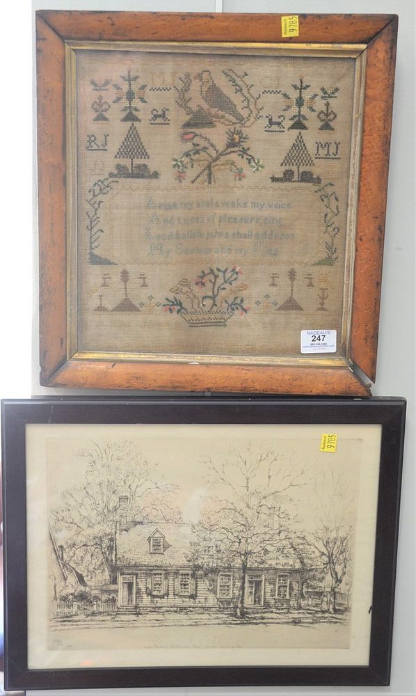 Appraisal: Five Piece Group to include a framed needlepoint school sampler