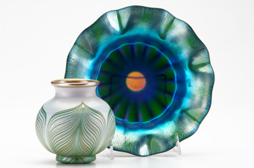 Appraisal: KEW-BLAS Two pieces blue iridescent glass low bowl with ruffled