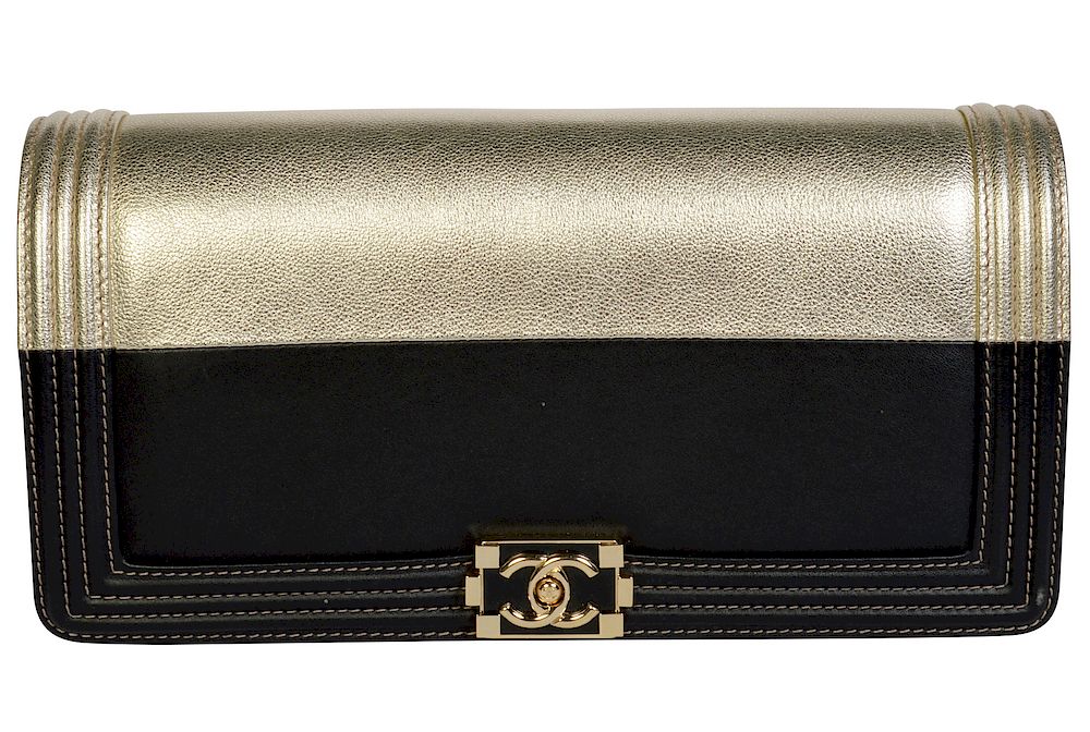 Appraisal: Two Toned CHANEL 'Le Boy' Metallic Leather Clutch Two tone