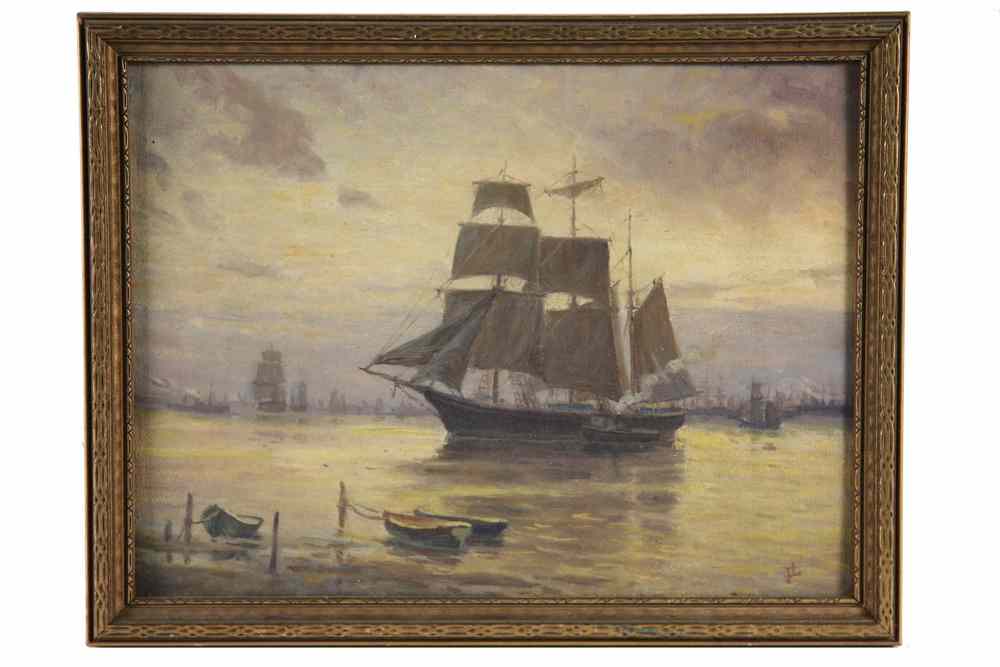 Appraisal: OOCB - Ships in Harbor at Dusk by Franz Lesshafft