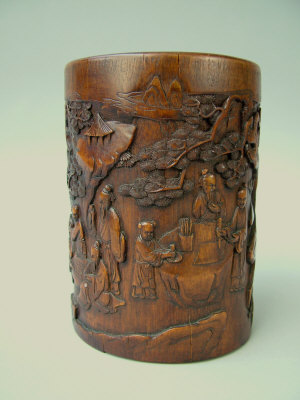 Appraisal: A Chinese carved bamboo brush pot profusely carved with figural