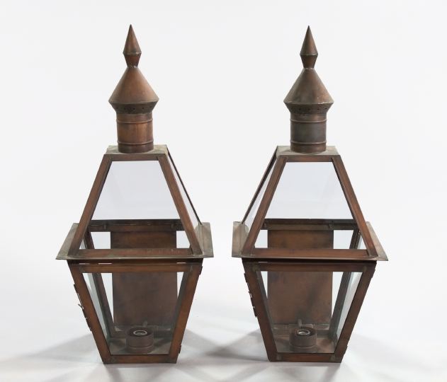 Appraisal: Large Pair of Colonial-Style Copper Outdoor Lanterns each with glass