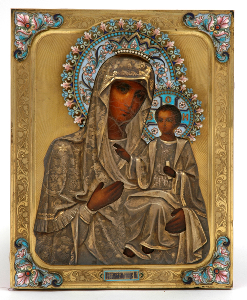 Appraisal: A RUSSIAN SILVER GILT AND ENAMEL ICON OF THE VIRGIN