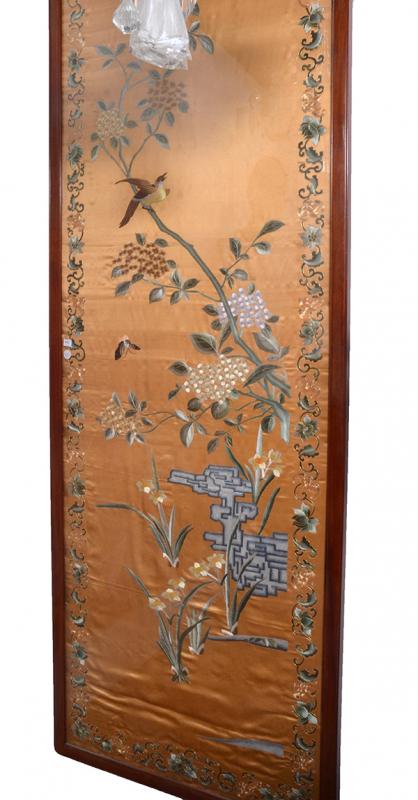 Appraisal: A FRAMED CHINESE EMBROIDERED SILK PANEL the gold coloured silk