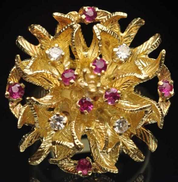 Appraisal: K Y Gold Diamond Ruby Ring Four diamonds and eight