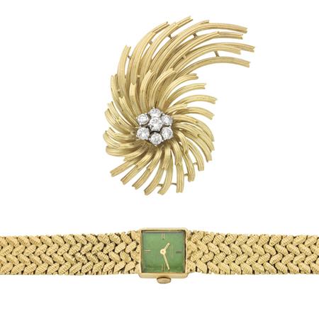 Appraisal: Gold and Diamond Flower Brooch and Gold Wristwatch Estimate -