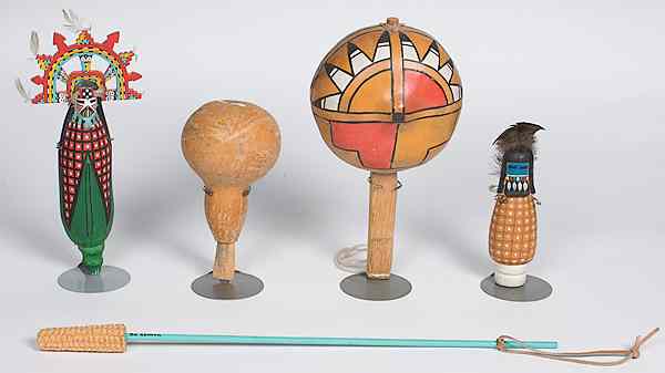 Appraisal: Hopi Gourd Rattles Dance Wand and Corn Katsinas lot of