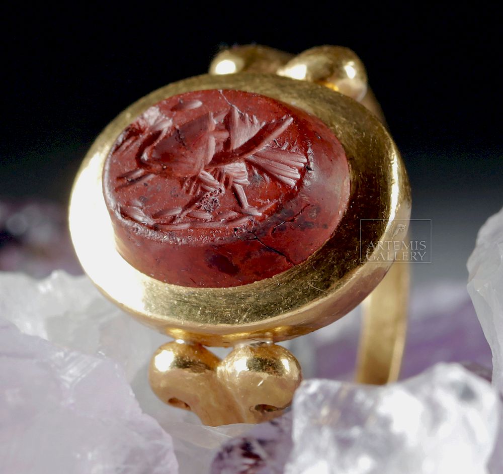 Appraisal: K Gold Ring w Roman Jasper Intaglio of Bird Originally