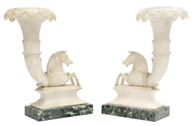 Appraisal: pair Italian alabaster rhyton-form garniture vases th c floral and