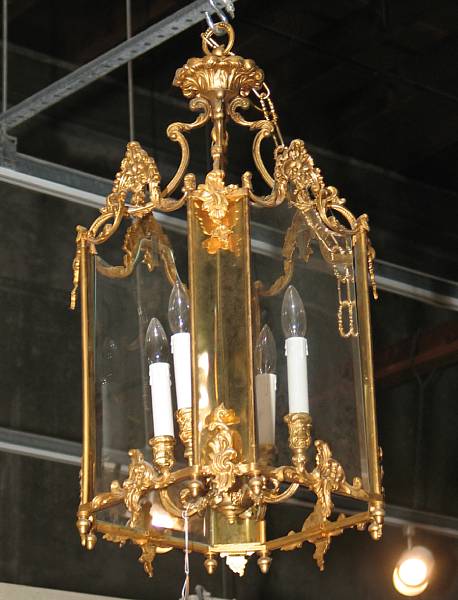 Appraisal: A Neoclasical style gilt bronze and glass hall lantern mid