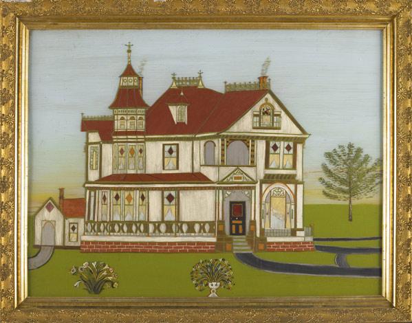 Appraisal: VICTORIAN REVERSE PAINTING ON GLASS Untitled Victorian Home reverse-painted glass