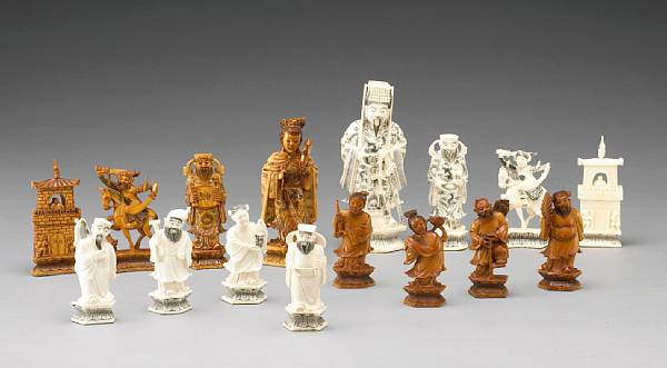 Appraisal: A large tinted ivory chess set th Century Each of