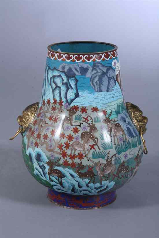 Appraisal: CHINESE CLOISONN ENAMEL VASE Riverscape decoration gilt fu lion head-form