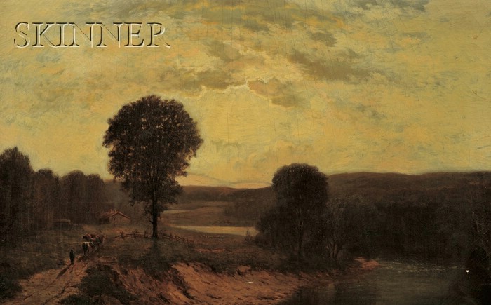 Appraisal: American School th Century Landscape with Cows at Dusk Indistinctly