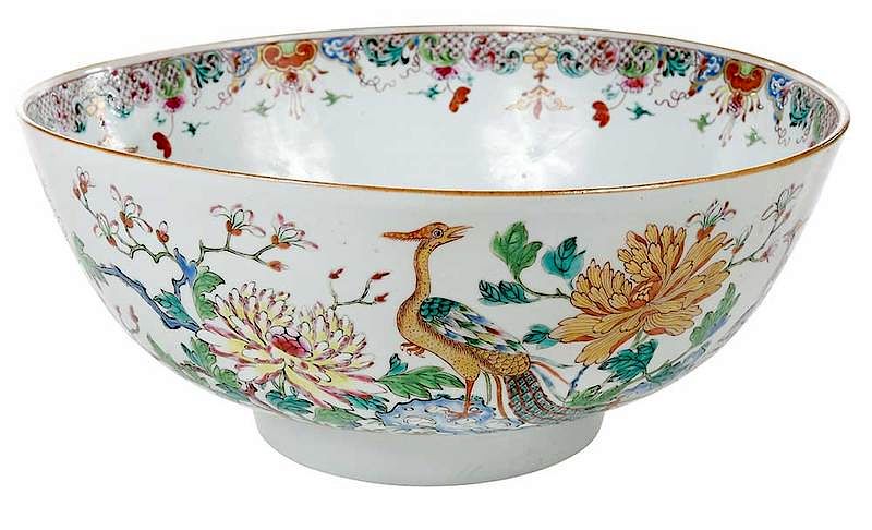 Appraisal: Gilt Famille Rose Punch Bowl Chinese circa polychrome floral decoration