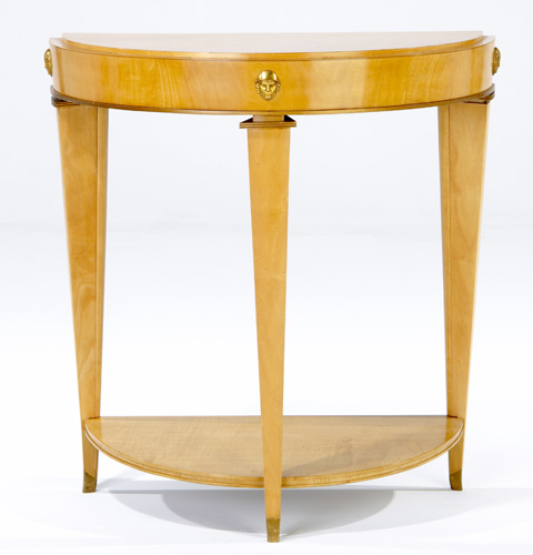 Appraisal: ANDRE ARBUS Sycamore veneer console table with semi-circular top and