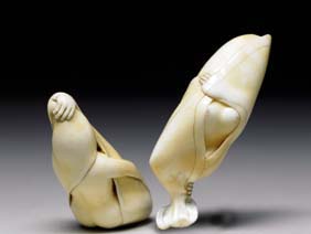 Appraisal: TWO CONTEMPORARY NETSUKE OKIMONO Two very charming contemporary carved ivory