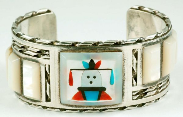 Appraisal: DESCRIPTON A heavy wriggle-worked decorated Zuni Indian bracelet with inset