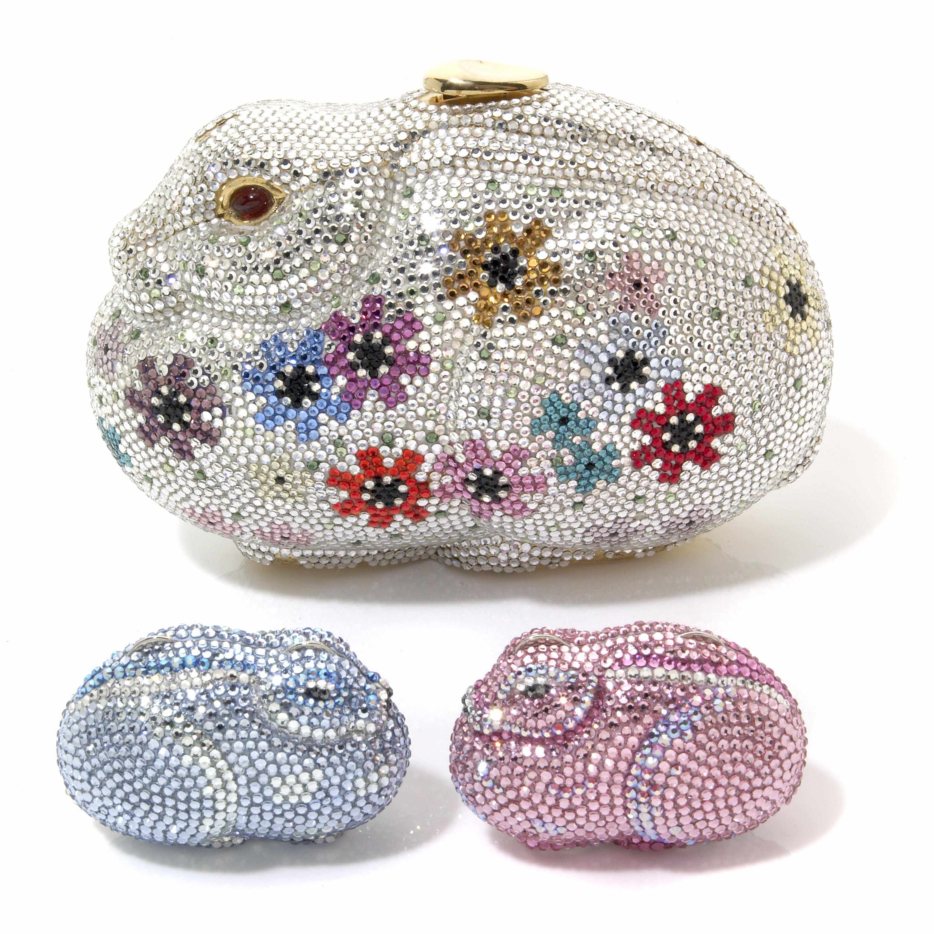 Appraisal: A silver and multi-colored crystal flower motif bunny minaudiere together