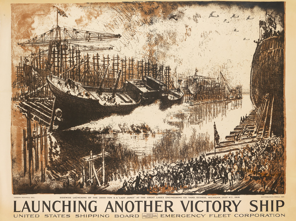 Appraisal: JOSEPH PENNELL - LAUNCHING ANOTHER VICTORY SHIP x inches x