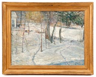 Appraisal: American School Snowy Winter Pathway Oil American School circa Snowy