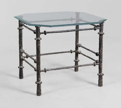 Appraisal: Patinated Metal Glass-Top Side Table th century in the style