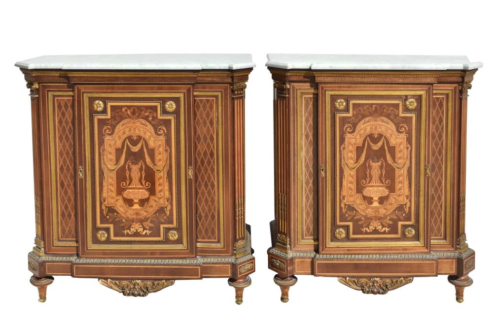 Appraisal: PAIR OF FRENCH MARQUETRY FRUITWOOD MARBLE TOP CABINETSCirca In a