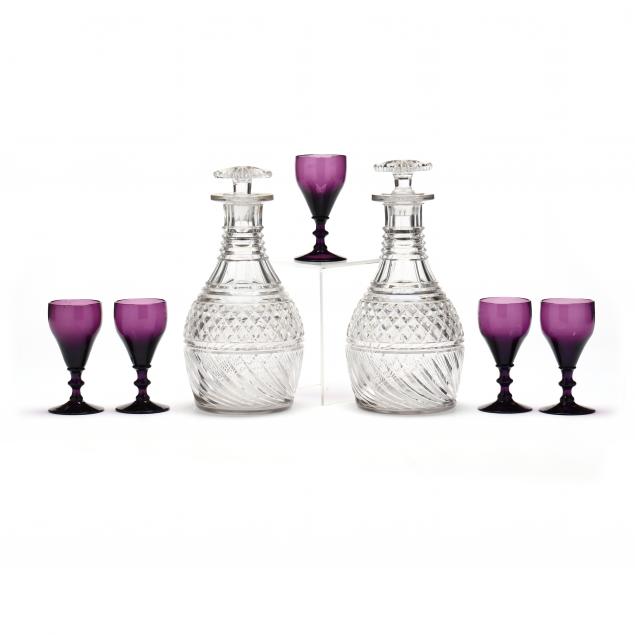 Appraisal: PAIR OF ANGLO IRISH CUT GLASS DECANTERS AND FIVE CORDIALS