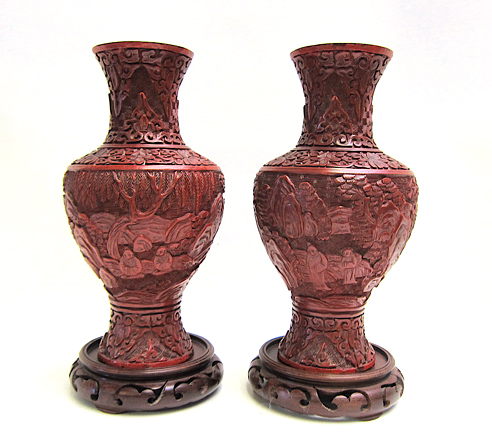 Appraisal: CHINESE RED LACQUER VASE IN THE CINNABAR STYLE pair having