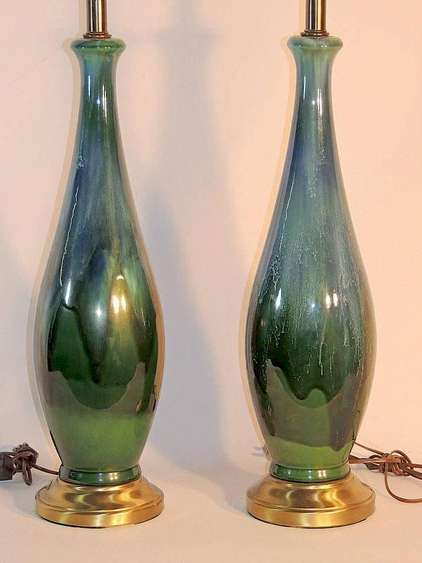 Appraisal: Pair of Pottery-base Table Lamps Blue turquoise glaze with brass