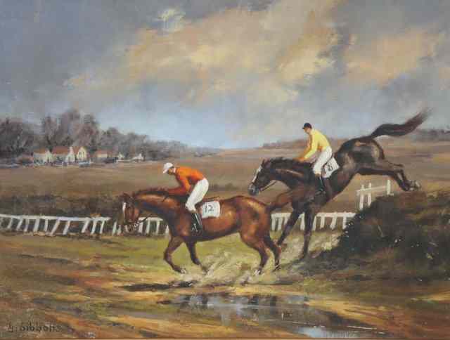 Appraisal: Gudrun Sibbons Dutch b Race horses clearing a fence signed