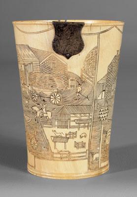 Appraisal: Engraved horn cup dated finely detailed farming scene barn animals