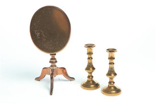 Appraisal: PAIR OF BRASS TAPER STICKS AND A BRASS MINIATURE TABLE