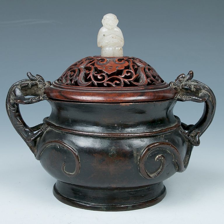 Appraisal: BRONZE CENSER WITH JADE HANDLE WOOD COVER Of a compressed